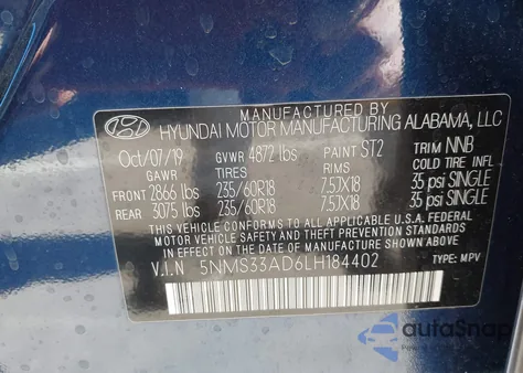 2020 Hyundai Santa Fe Sel из США, поврежденный, VIN 5NMS33AD6LH184402